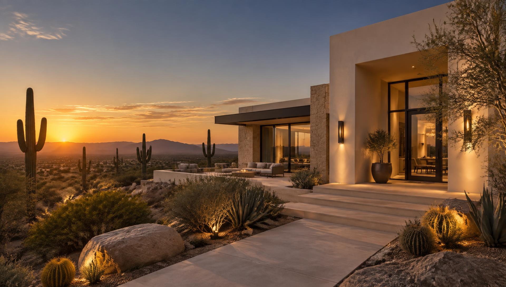 Modern Arizona desert home at golden hour in the Greater Phoenix area